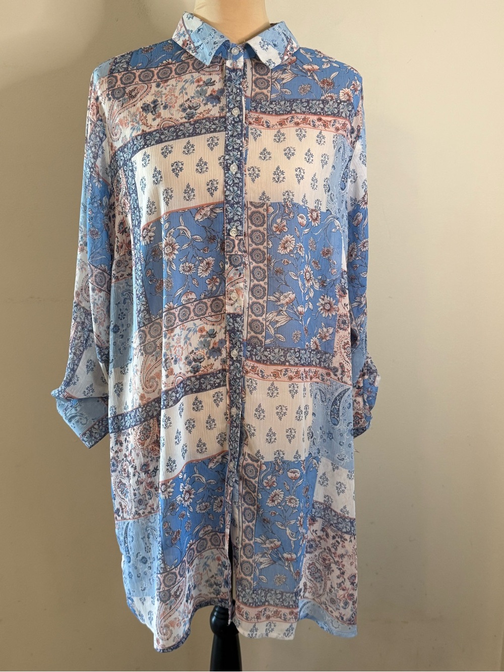 Tamara H. patchwork floral boho shabby chic tunic top swim coverup plus SZ 1X